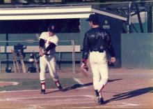 Dave with fungo and catcher Tony Defrancesco at New Britain, Ct.