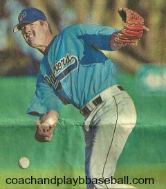 Coaching kids baseball. Former MLB Mark Eichorn pitching for Salinas Packers sidearm style.