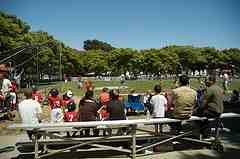 fans in the bleachers watching the kids play baseball