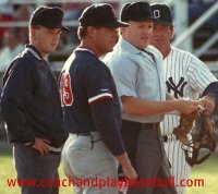 Umpire meeting to go over ground rules and exchange line up cards.