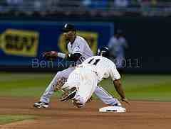 Ben Revere slding safely into second base on the steal.